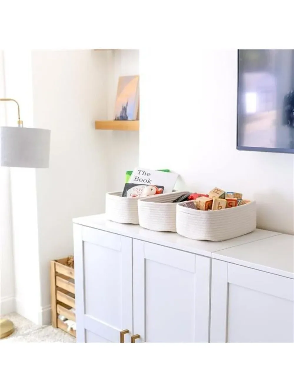 Cotton Rope Storage Baskets Set of 3 Small Woven Bins for Shelf Nursery Closet